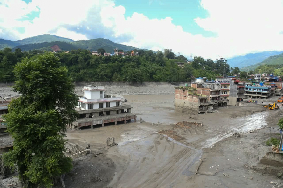 Flooding in Nepal - damaged buildings and roads